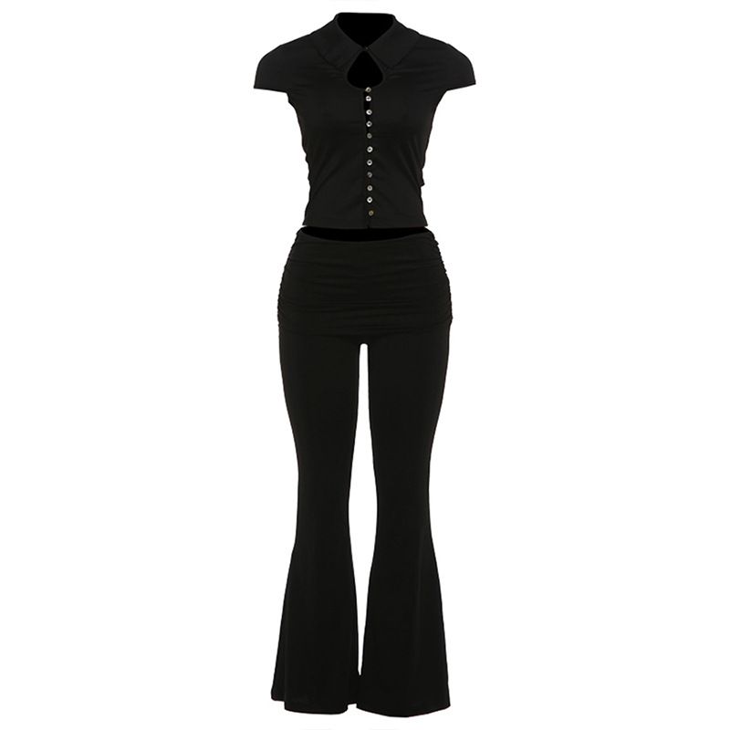 Summer New Women's Slim Low Waist Flared Pants Style Round Neck Sexy Hollow Sleeveless Button Top Set_ecoleips.com