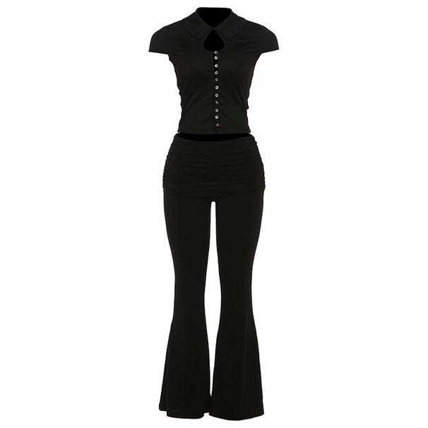 Summer New Women's Slim Low Waist Flared Pants Style Round Neck Sexy Hollow Sleeveless Button Top Set_ecoleips.com