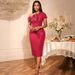 Asymmetric Bow-Sleeve Jacquard Bodycon Dress – Stretch Polyester Cocktail-to-Gala Midi (S-4XL, Emerald/Black/Terracotta)_ecoleips.com