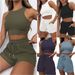 Women's Summer Fashion Casual Two Piece Set Sleeveless Waffle Vest And Short Solid Color_ecoleips.com