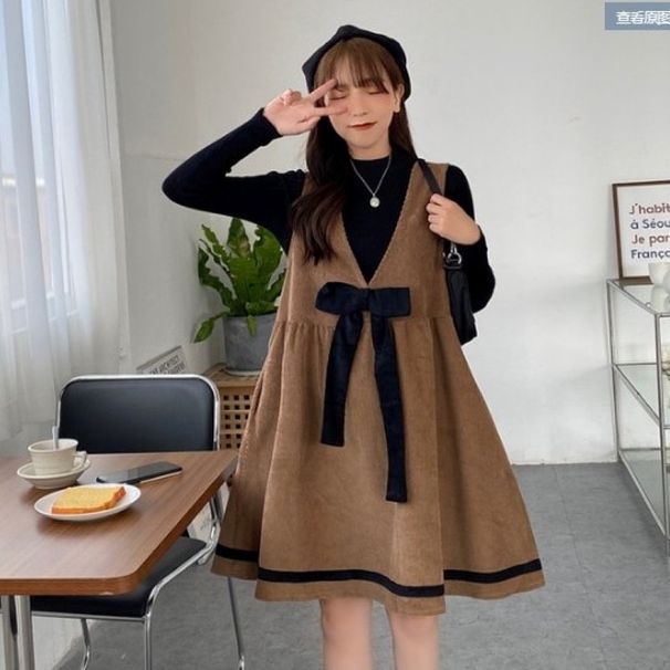 Autumn New Sweet Knitted Top Corduroy Strap Dress Bowknot Internet Celebrity Set For Pregnant Women_ecoleips.com