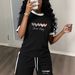 Summer Women's Black White Color Block Set Simple Heart English Print Short Sleeve Top With Shorts_ecoleips.com
