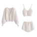 European And American New Plush Imitation Mohair Suit V Neck Sling + High Waist Shorts + Diamond Button Cardigan Jacket For Women_ecoleips.com