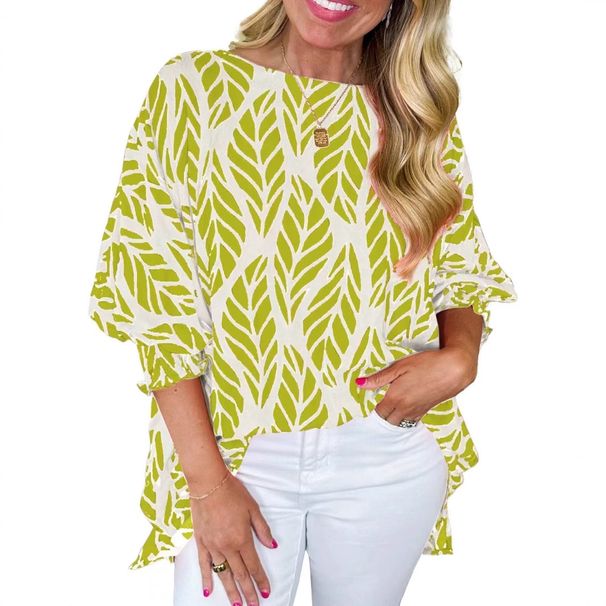 Women’S Floral Print Round-Neck Blouse – Summer Ruffle Sleeve Top With Artistic Draping (5 Vibrant Colors, Relaxed Fit, Breathable Polyester)_ecoleips.com