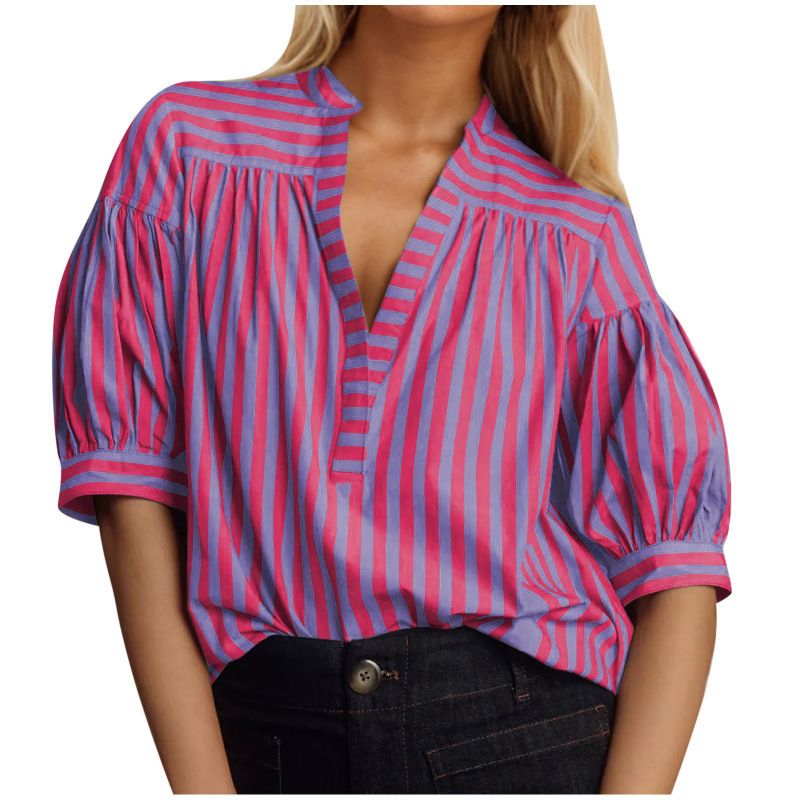 Women's Casual Striped Shirt With Pleated Design, V-Neck Top_ecoleips.com