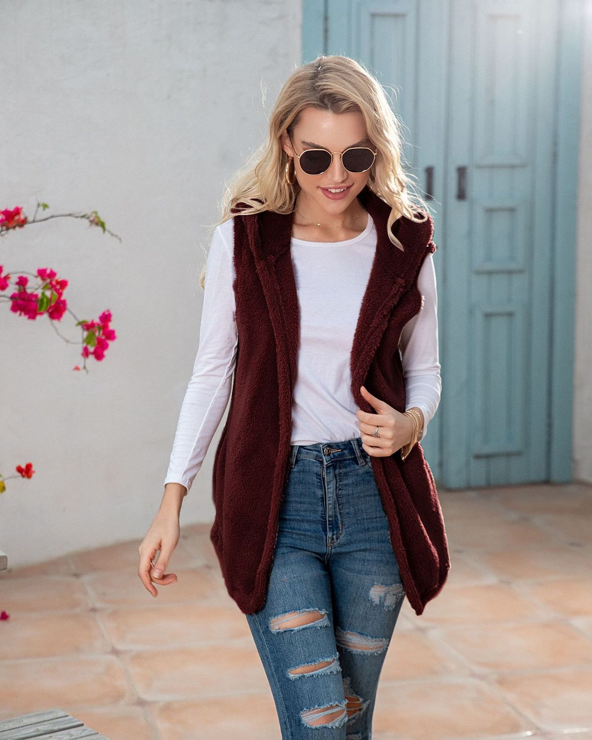 Women's Longline Hooded Fleece Vest Coat - Soft Plush Outerwear For Autumn & Winter - Wine Red - Sizes S-5XL_ecoleips.com