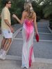 Hugcitar Elegant Print Strapless Patchwork Mesh Sexy See Through Maxi Dress Summer Women Fashion Outfits Beach Festival Party_ecoleips.com