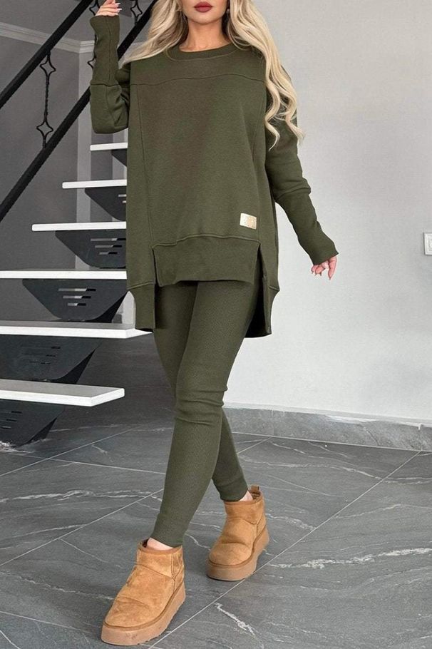 Women's Clothing Autumn And Winter Hot Selling Women's Tops Slit Long Sleeved Round Neck Casual Solid Color Suit_ecoleips.com