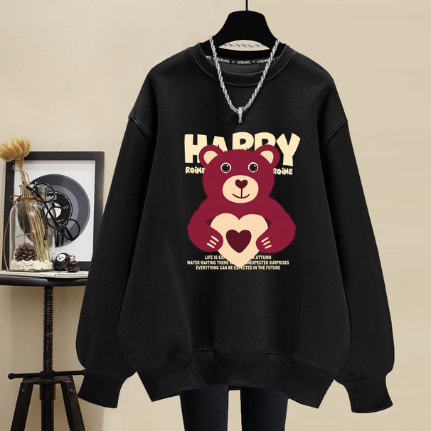 Women's Fleece Lined Crew Neck Sweatshirt Korean Style Thick Pullover Loose Fit Spring Autumn Winter Petite Cartoon Top_ecoleips.com