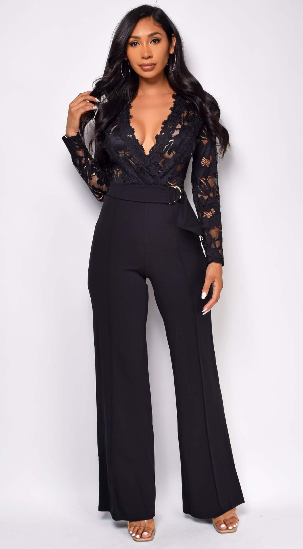 Women's Clothing Women's Long Sleeve Casual Wide Leg Jumpsuit Lace Trim Unique Lines For Formal & Casual For Women_ecoleips.com