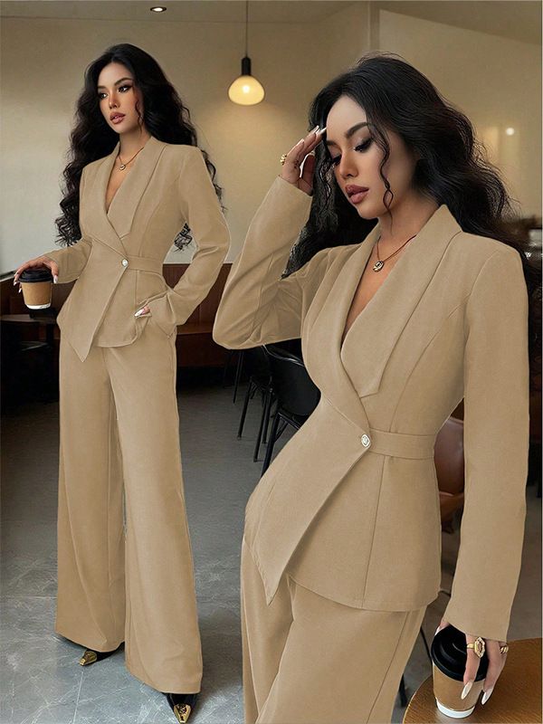 Women's Clothing Elegant And Stylish Long Sleeved Blazer And Straight Leg Pants Two Piece Set_ecoleips.com