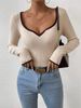 Elegant V-Neck Knit Top For Women - Slim Fit, Versatile & Sexy Basic Layering Piece In Beige, Black & Camel_ecoleips.com