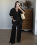 2025 Spring And Summer New Sweet Pure Color Suit Cotton V-neck Top Puff Sleeve Short Sleeve Long Pants Two-piece Suit_ecoleips.com