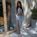 Tie Waist Long Sleeved Midi Skirt Set Women's Style Bell Sleeve Cardigan Slit Midi Skirt For Autumn_ecoleips.com