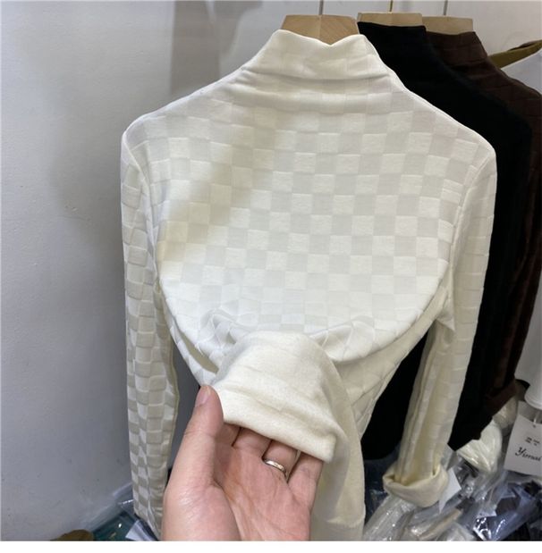 Women's Clothing Half Turtleneck Bottoming Shirt Plaid Long Sleeved T Shirt Fashionable And Stylish Inner Top_ecoleips.com