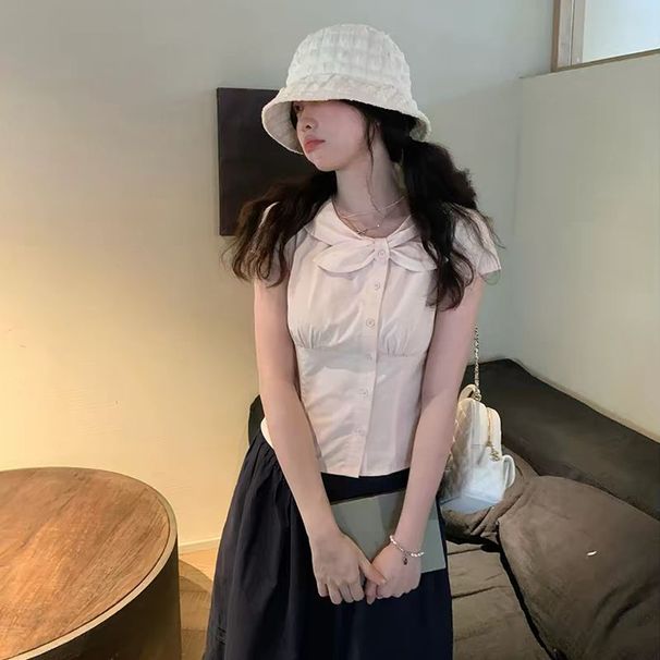 Gtle Vintage Style Pure Cotton Pink Short-sleeve Shirt With Bow Wom, New Summer Waist-cinching Blouse For Petite_ecoleips.com