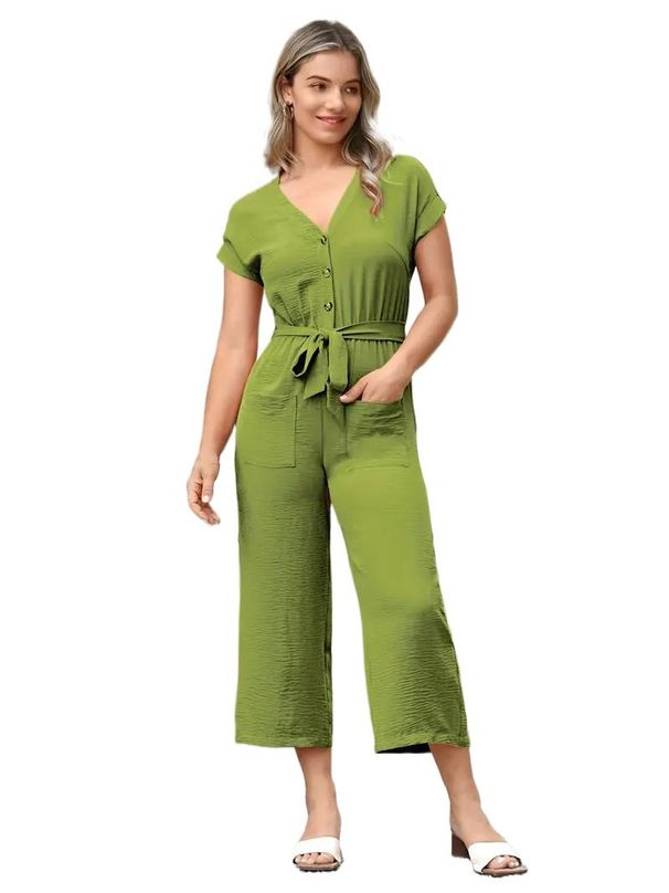 Women's V-Neck Belted Short-Sleeve Jumpsuit, Elegant Casual Romper For Summer In Earth Tone Colors Versatile Color Palette_ecoleips.com