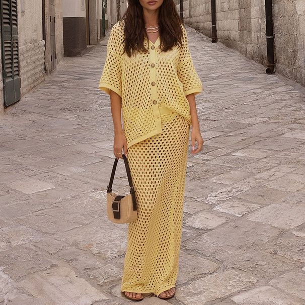 Women's Clothing Spring And Summer New Casual Skirt Fashion Hollow Fishnet Knitted Shirt Long Skirt Female_ecoleips.com