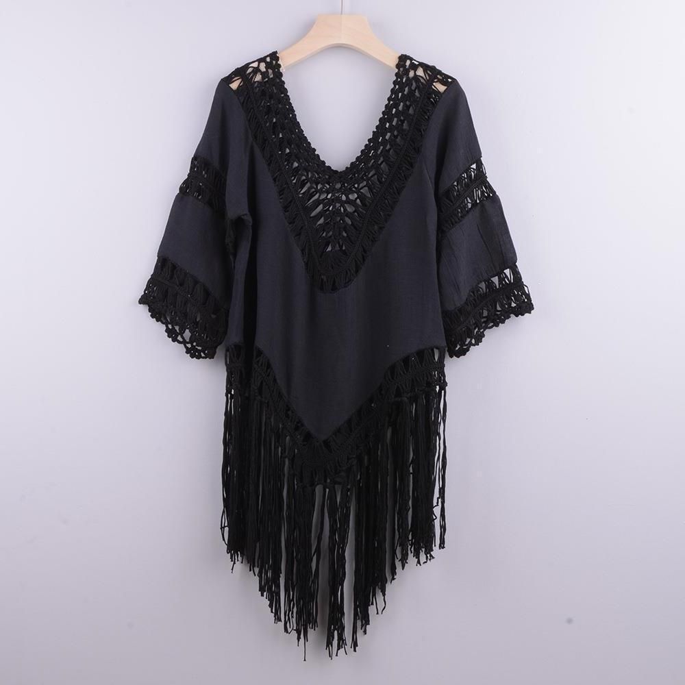 Women's Clothing Hand Crocheted Patchwork Solid Color Hollow Beach Irregular Tassel Blouse Bikini Swimsuit_ecoleips.com