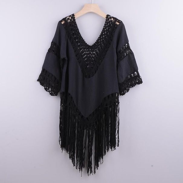 Women's Clothing Hand Crocheted Patchwork Solid Color Hollow Beach Irregular Tassel Blouse Bikini Swimsuit_ecoleips.com