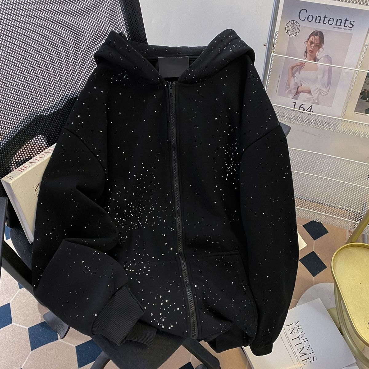 Unisex Sparkly Hooded Cardigan Sweatshirt High Street Style Trendy Loose Couple Coat For Spring Autumn Winter_ecoleips.com