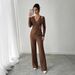 Spring 2026 Women's Solid Color V Neck Crossover Long Sleeve T-Shirt And Pants Set with Metallic Decoration for European American Style_ecoleips.com