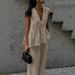 Women's Clothing Women's Cotton V Neck Sleeveless Top Vest Pants Set Solid Color Elegant Commuting Style For Formal & Casual For Women_ecoleips.com
