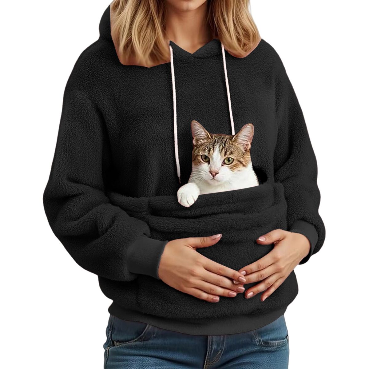 Aria Basics European And American Autumn/Winter Women's Flannel Hoodie With Pet Pocket Design_ecoleips.com