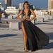 Women's Clothing Pure Color Sexy Fashion Wedding Evening Dress Deep V Neck Slit Floor Length Dress_ecoleips.com