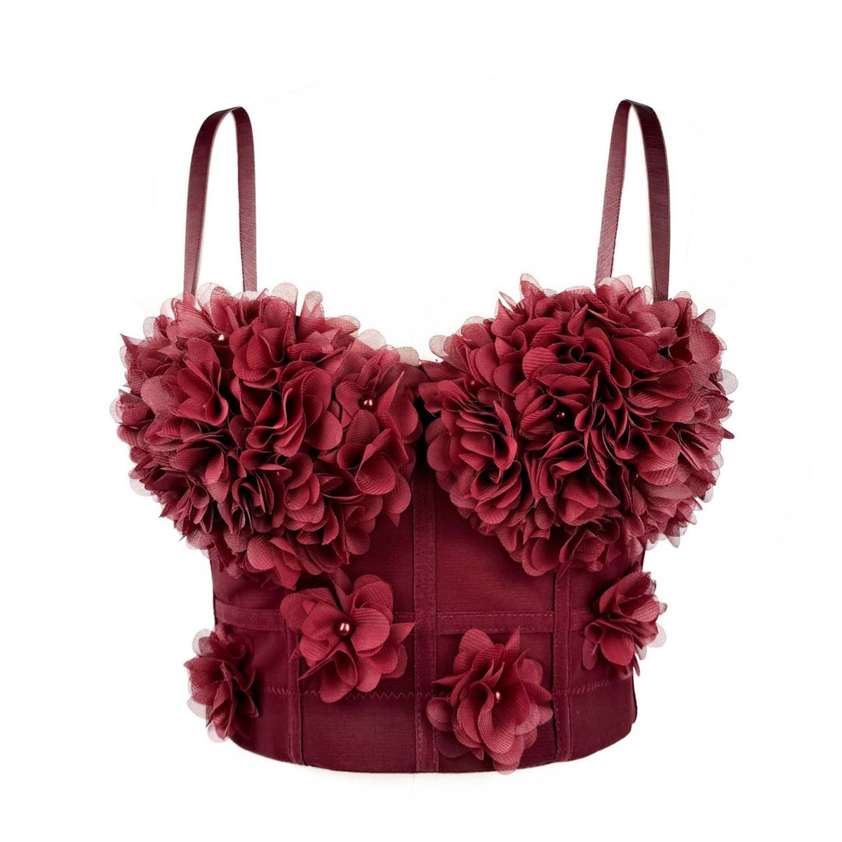 Women's Clothing Red Underwear Mesh See Through Fishbone Bra With Bra Pad Beaded Three Dimensional Flowers For Outer Wear With Beautiful Back_ecoleips.com