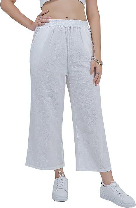 Women's High-Waisted Wide Leg Capri Pants Cotton Linen Blend 7/8 Length Elastic Casual Loose Fit Summer Bottoms_ecoleips.com