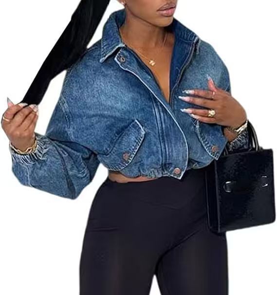 Trendy Cropped Denim Jacket With Drawstring Waist – Blue, Oversized Fit, Long Sleeve – Streetwear & Casual Style (S-XL)_ecoleips.com