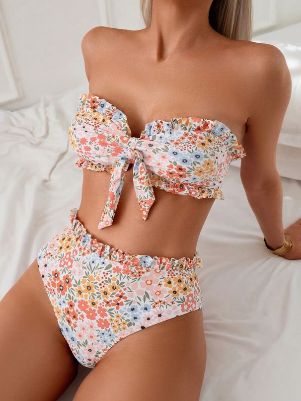 European And American Trendy Printed Two Piece Swimsuit Sexy Ruffled Bikini Set for Women Cross Border E Commerce Amazon_ecoleips.com