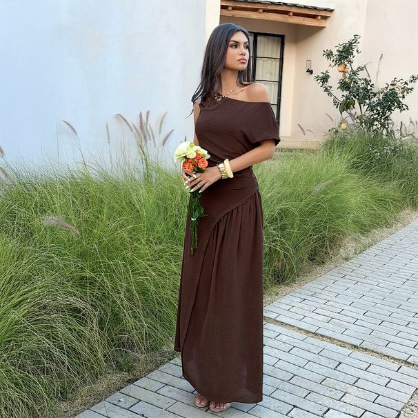 Women's Clothing Elegant Off-Shoulder Fitted Waist Dress Casual American Style Spring/Summer 2026_ecoleips.com