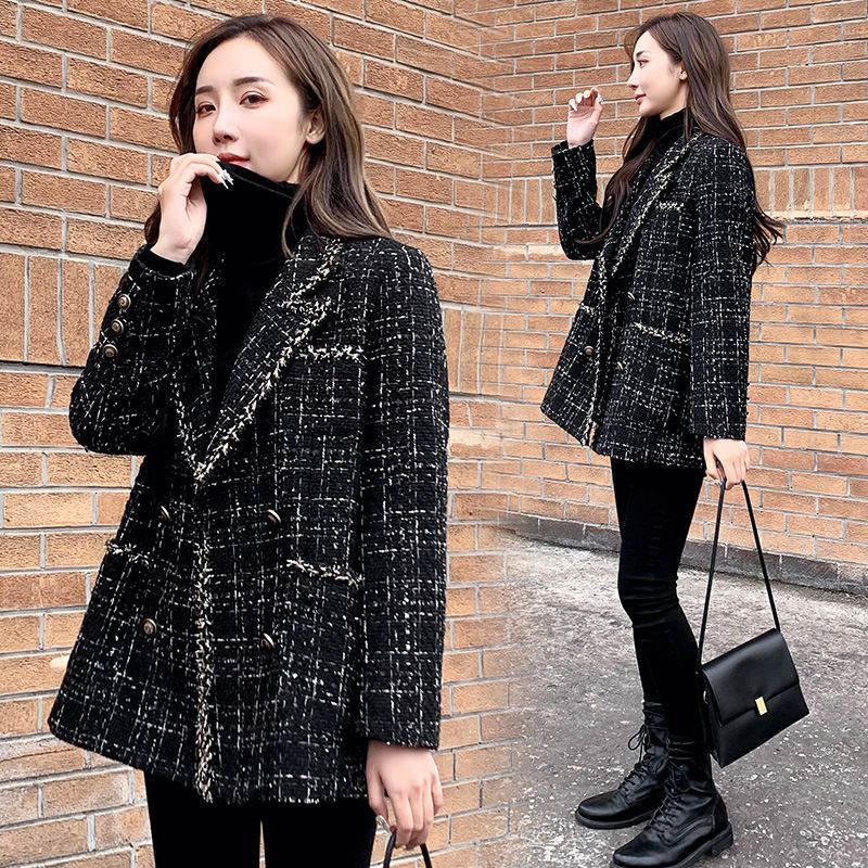 "Black Checkered Wool Blazer For Women – Oversized Casual Tweed Jacket, Relaxed Fit Spring/Fall Office Coat With Patch Pockets"_ecoleips.com