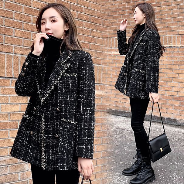 "Black Checkered Wool Blazer For Women – Oversized Casual Tweed Jacket, Relaxed Fit Spring/Fall Office Coat With Patch Pockets"_ecoleips.com
