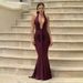 Elegant Solid Color Halter Deep V Neck Dress Sexy Backless High Waist Maxi Dress With Ribbon Temperament Long Dress For Women_ecoleips.com