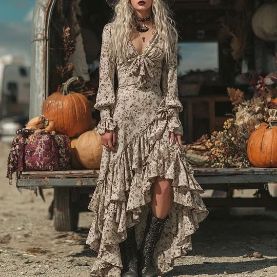 Women's Clothing Retro Floral Print Long Dress For Women Summer Ruffled Irregular Waist Slimming Elegant_ecoleips.com
