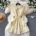French Retro Notched Lapel Tie-Waist Lace Trim Dress For Women, Mint Green A-Line Office Casual Dress_ecoleips.com