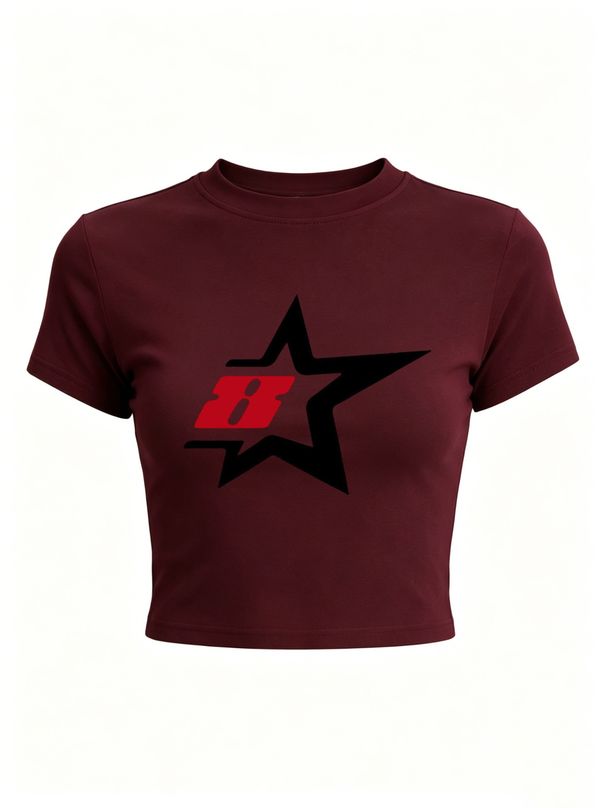 Women Number 8 Star Graphic Crop Top Slim Crew Neck Short Sleeve Grunge Sporty Casual Streetwear Summer T-Shirt_ecoleips.com