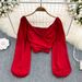 Women's Spring Fashion V Neck Pleated Collarbone Bubble Long Sleeve Crop Top Chic And Unique Pullover Short Exposed Design_ecoleips.com