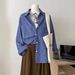 Women's Clothing Retro Blue Plaid Shirt Loose Slim Sunscreen Shirt_ecoleips.com