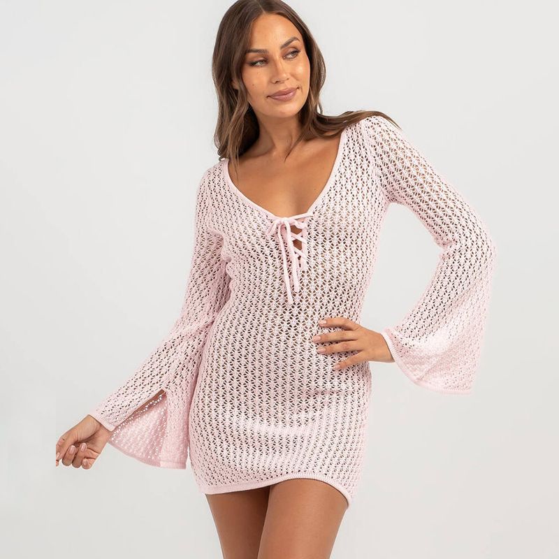 Women's Clothing Solid Color Knitted Bikini Cover Up Beach Skirt Sexy Sun Protection Clothing_ecoleips.com