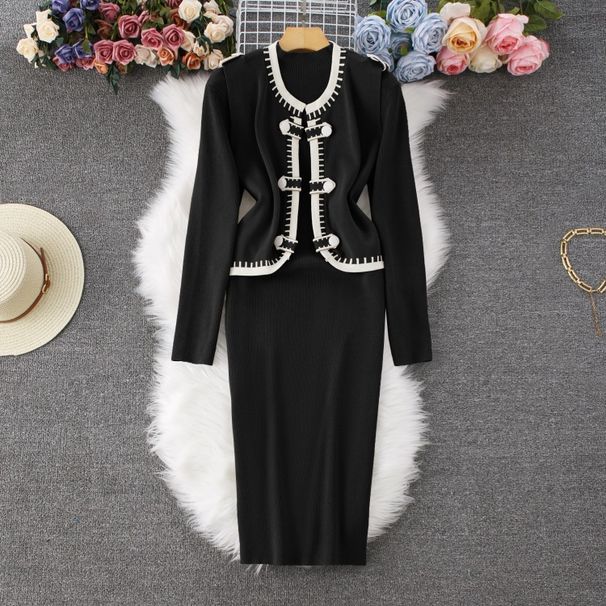 Elegant Knit Vest Dress Two-Piece Set For Women - Slim Fit Cardigan & Skirt Outfit_ecoleips.com