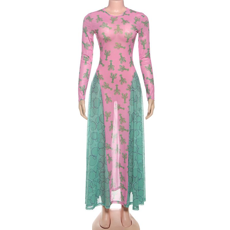 Autumn New Arrival High-Waisted Slightly Sheer Animal Print Color-Block Flowing Long Dress for Women Elegant And Stylish_ecoleips.com