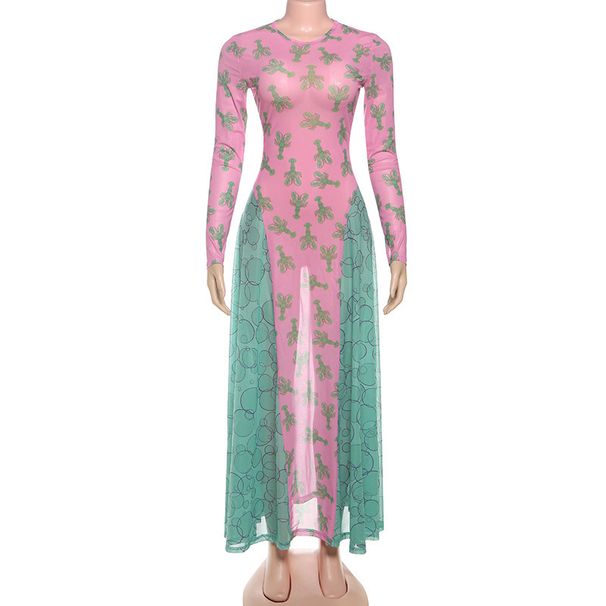 Autumn New Arrival High-Waisted Slightly Sheer Animal Print Color-Block Flowing Long Dress for Women Elegant And Stylish_ecoleips.com