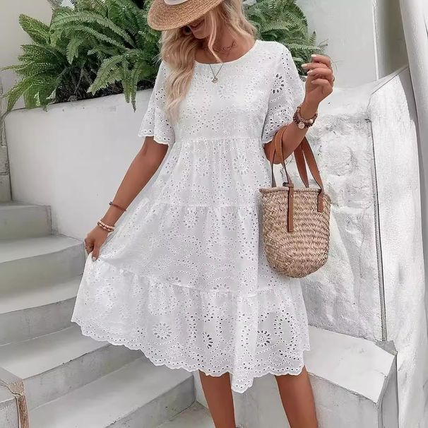 2025 European And American Fashion New Hot-Selling Solid Color Cotton Embroidered Lace Hollow Out Dress_ecoleips.com