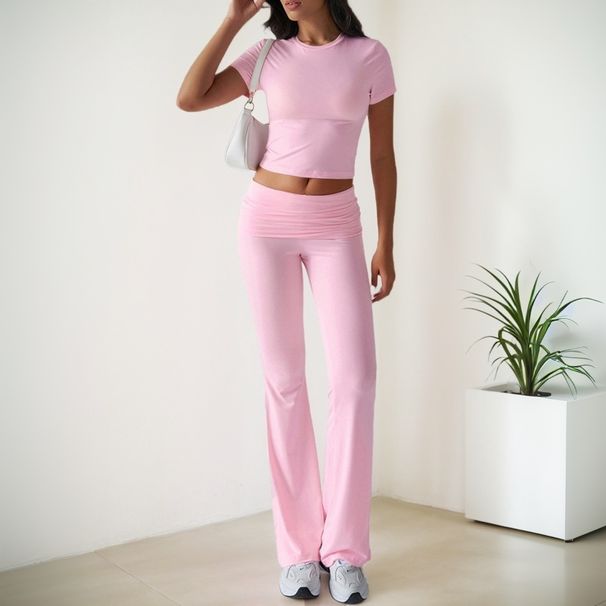Voya Female Lead Hot Girl Explosive Casual Fashion Set Solid Color Versatile Short Sleeved Pants Two-piece Set_ecoleips.com