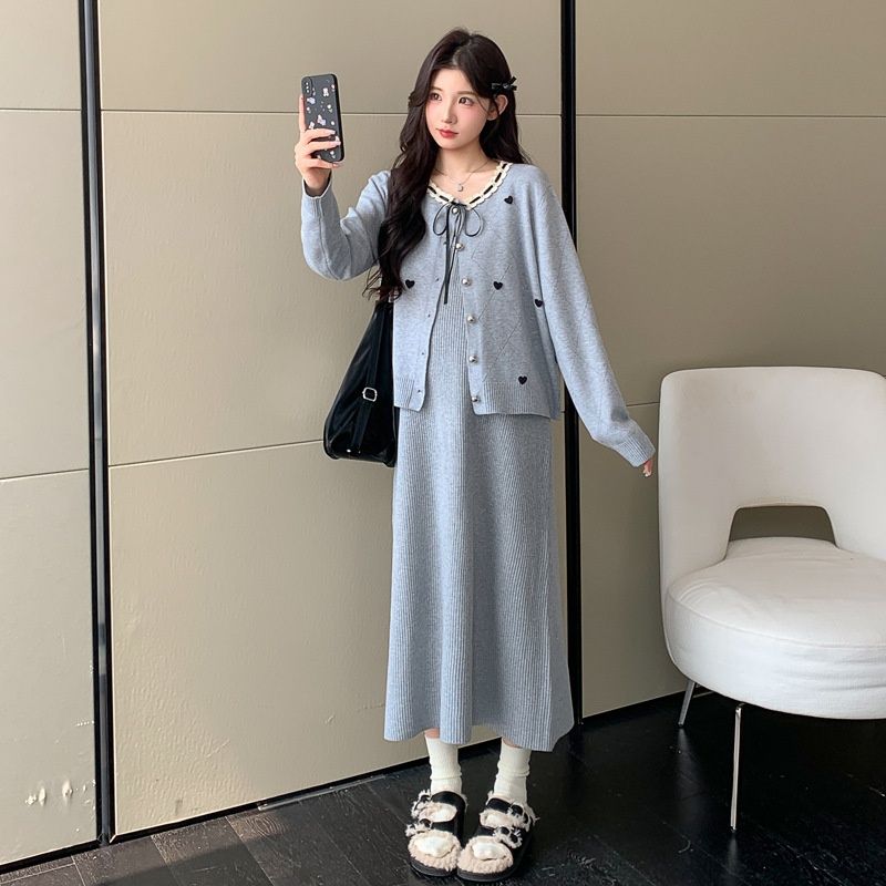 Autumn New Korean Fashion Cardigan + Strap Two-Piece Maternity Dress_ecoleips.com