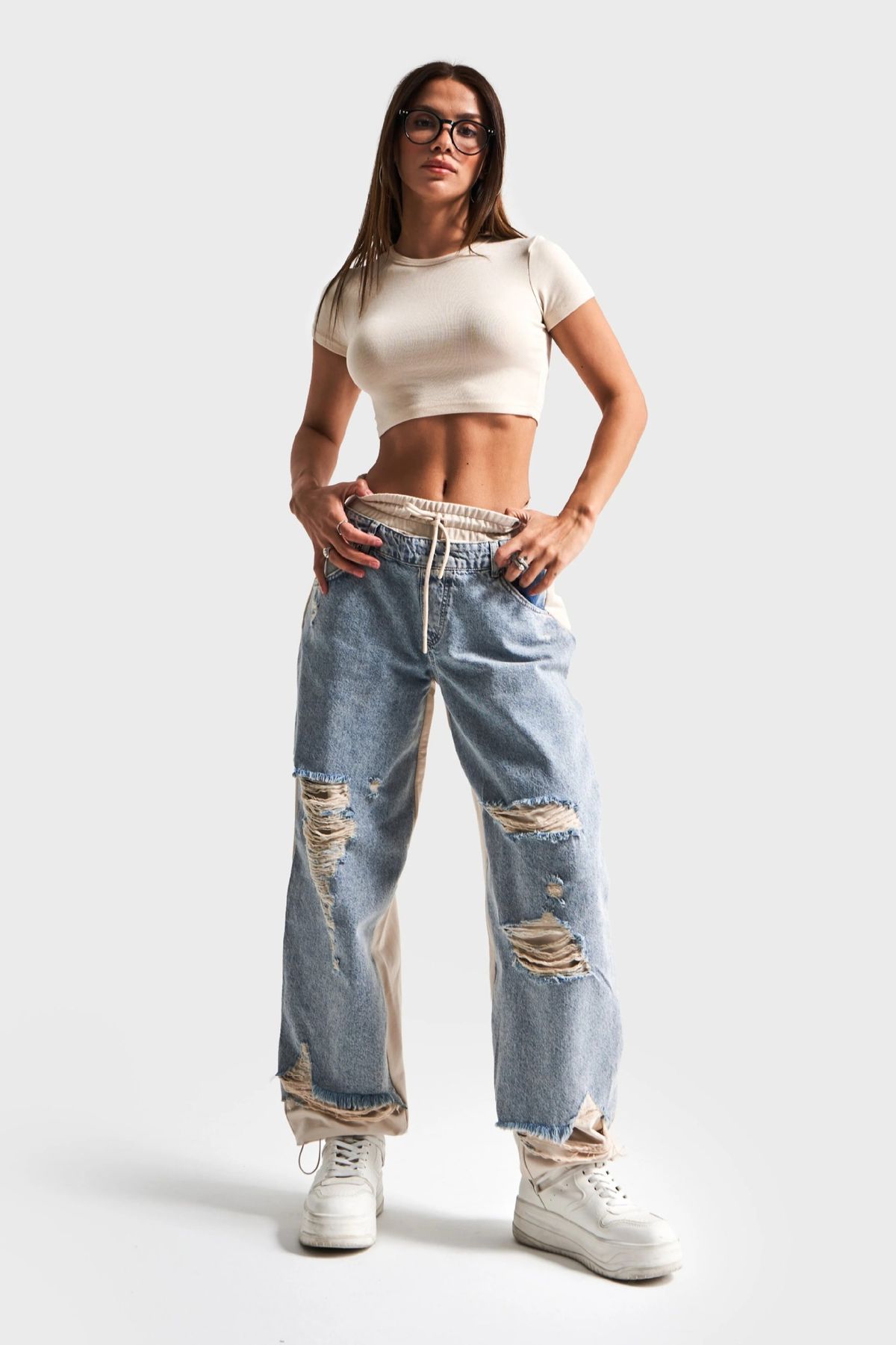 Retro Distressed Patchwork High-Waisted Drawstring Loose Slim Fit Jeans for Women 2025 European And American Style Cross Border Hot Selling_ecoleips.com